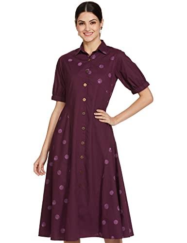 indya women's purple cotton polka shirt dress midi length ethnic (etn00322 x-small)