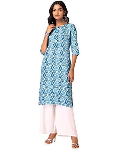 indya women's regular white and blue ikat print rayon kurta (itn05708 m)