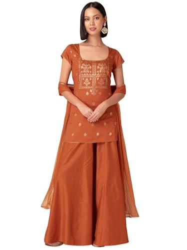 indya women's silk foil print regular kurta sets (icd00446_orange_m)