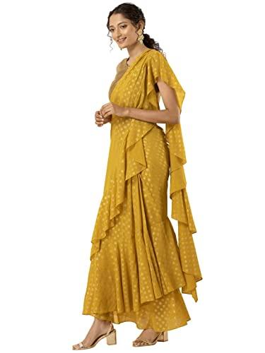 indya women's yellow saree pre-draped foil ruffled