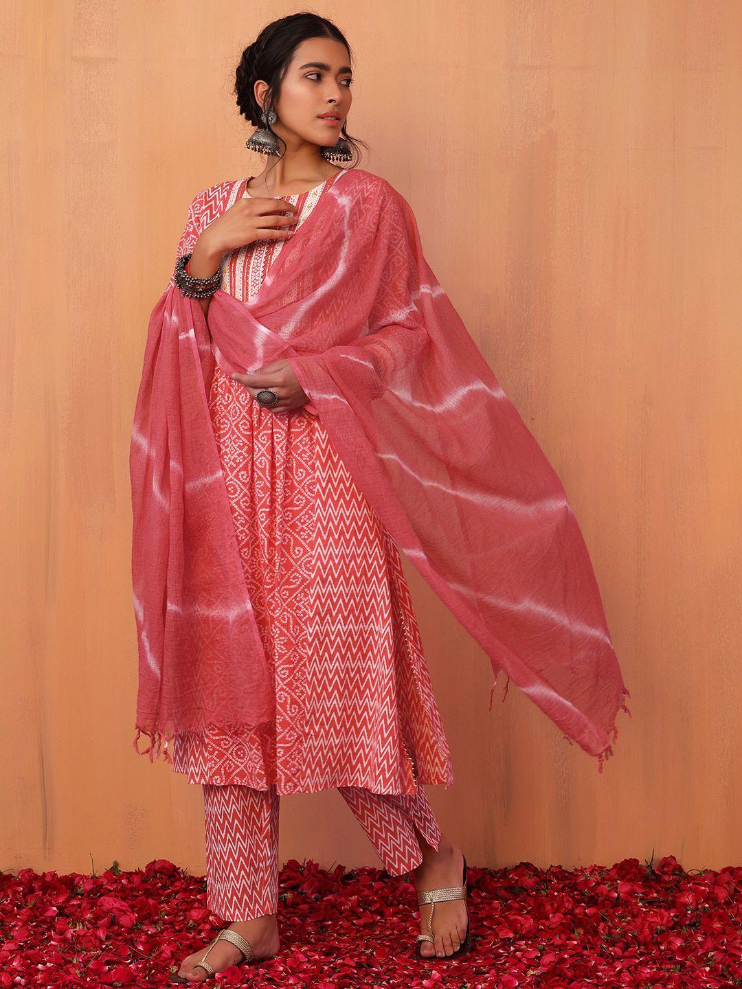indya women bandhani printed pure cotton a-line kurta with trouser & dupatta