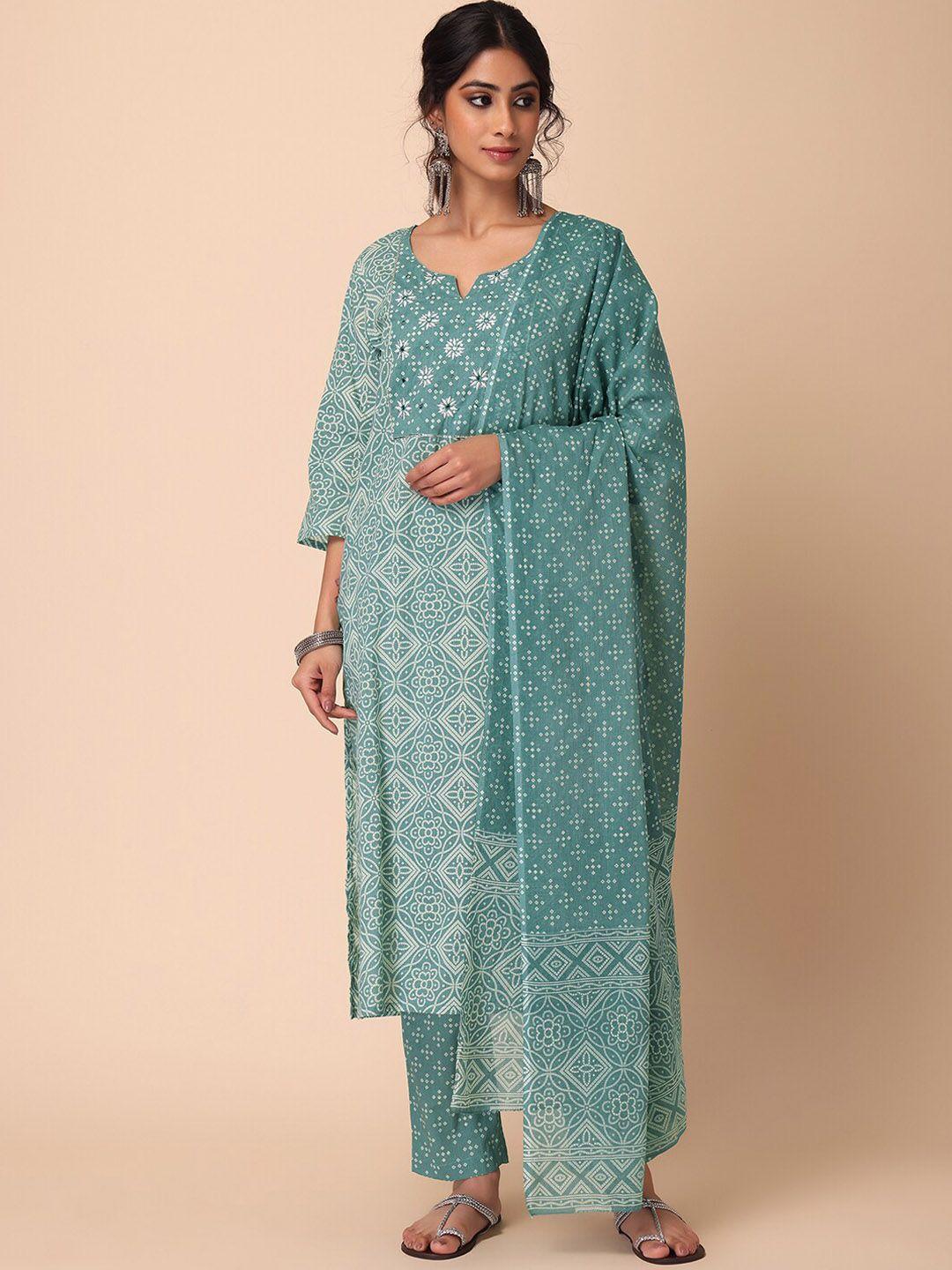 indya women bandhani printed pure cotton kurta with trouser & dupatta