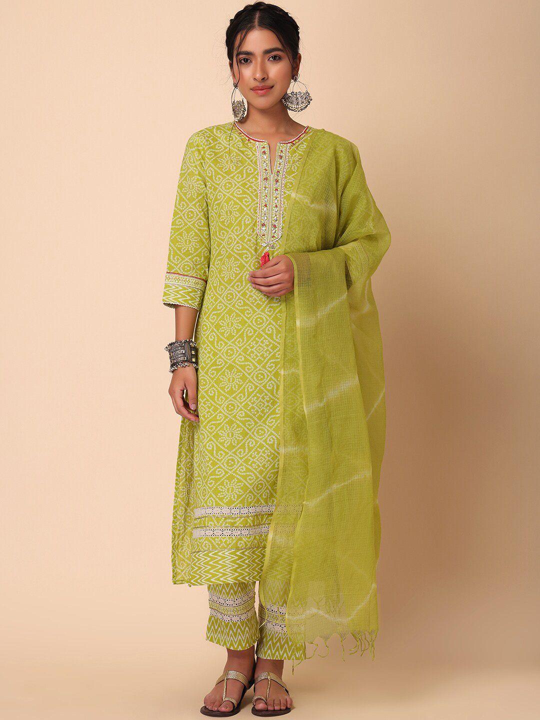 indya women bandhani printed pure-cotton straight kurta with trouser & dupatta