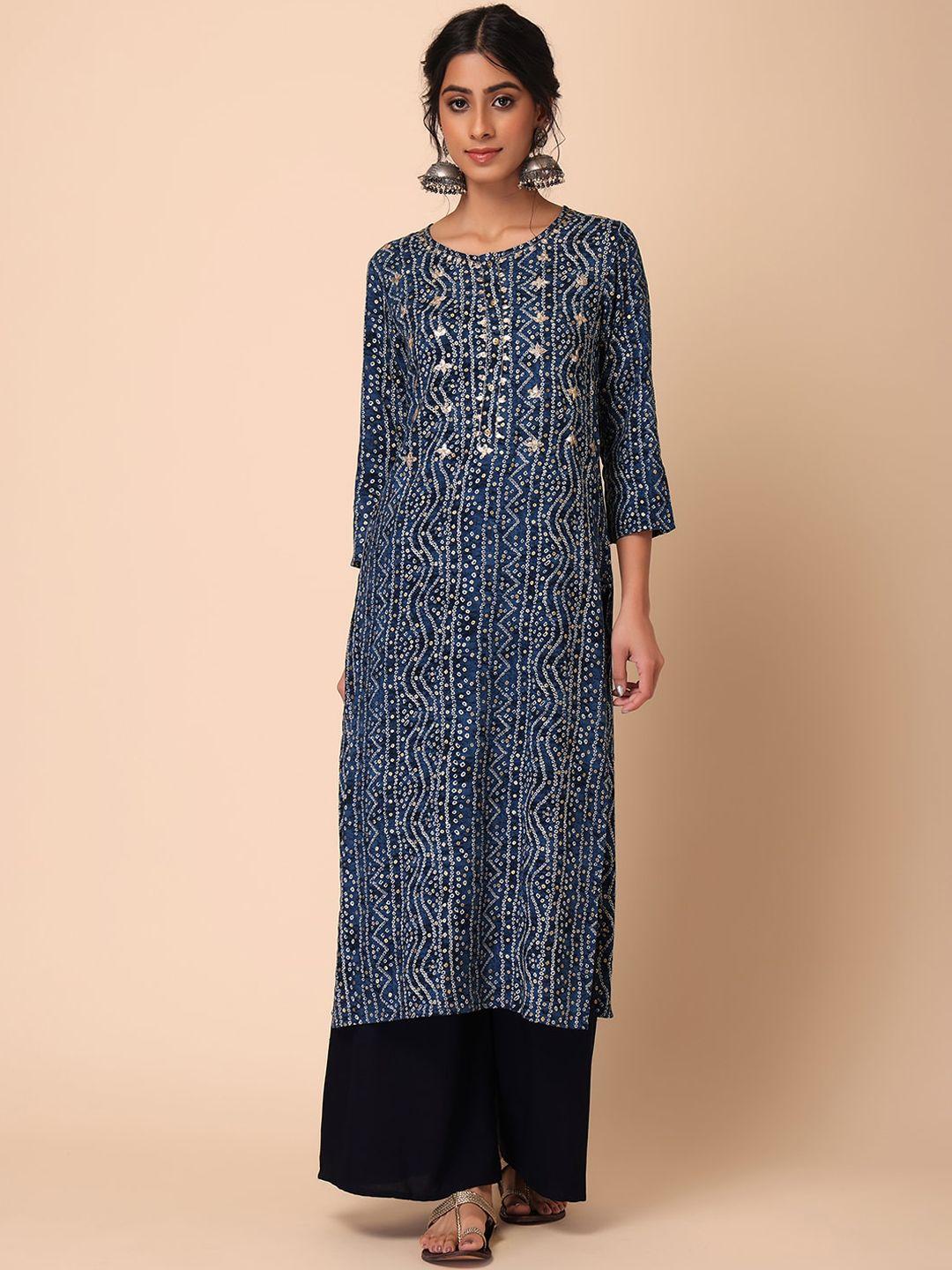 indya women bandhani printed with embroidered detail straight kurta