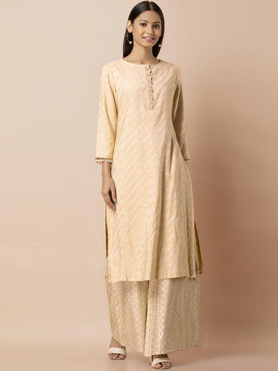 indya women beige & golden embellished straight kurta