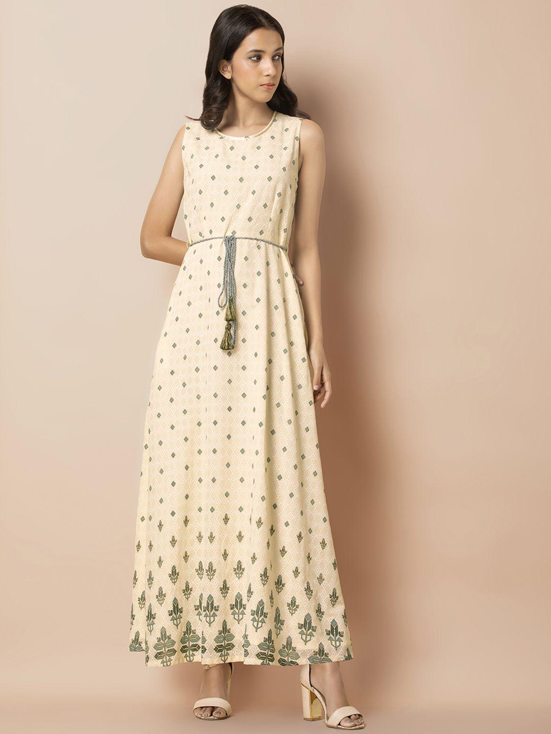 indya women beige & white printed maxi dress