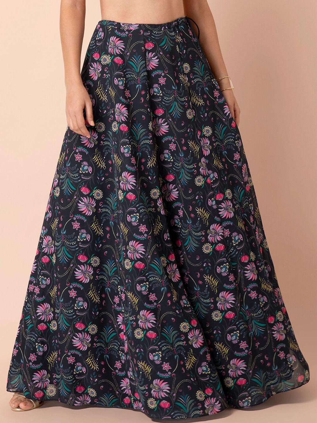 indya women black & purple floral printed flared maxi skirt