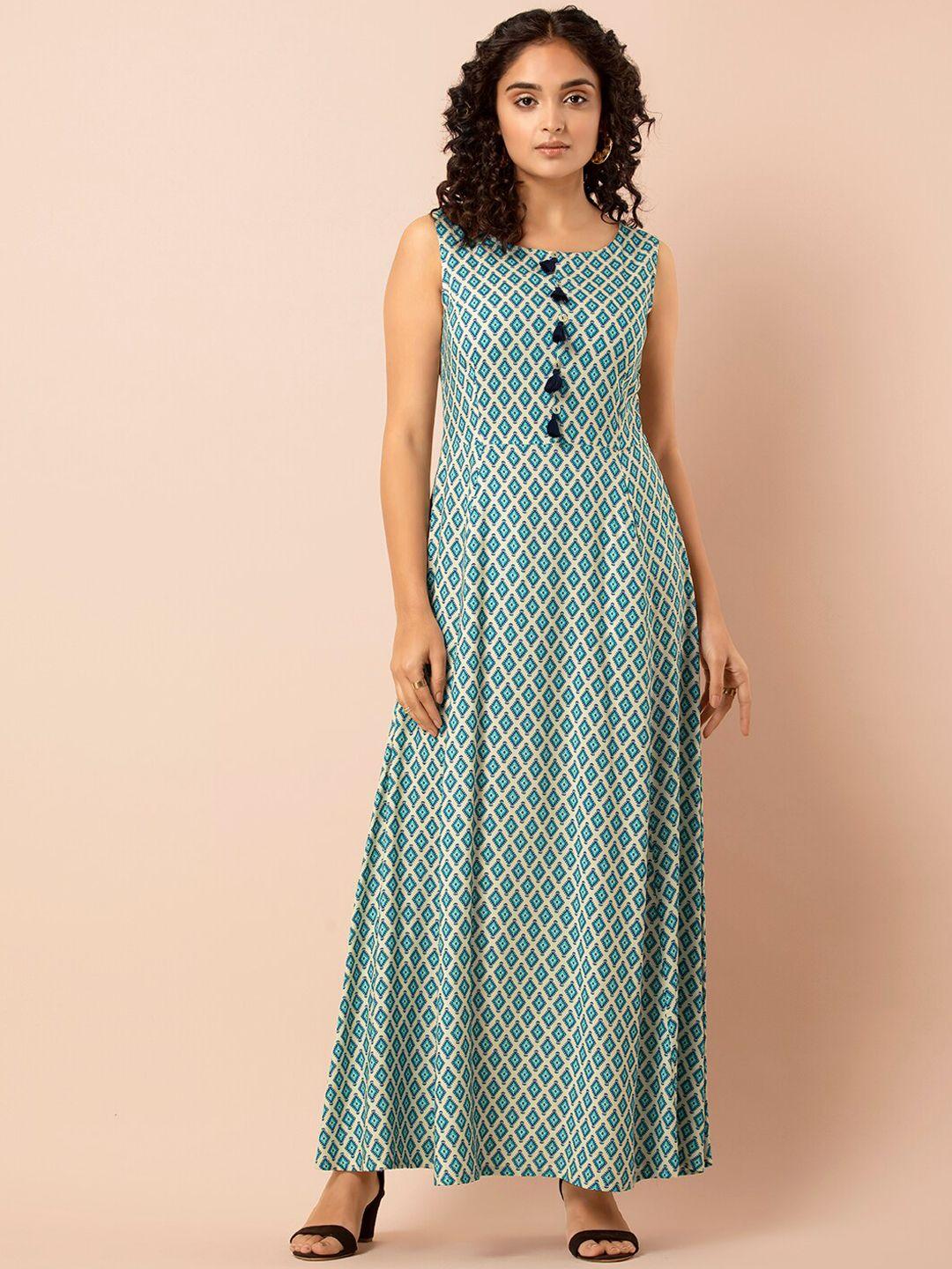 indya women blue & cream-coloured printed maxi dress