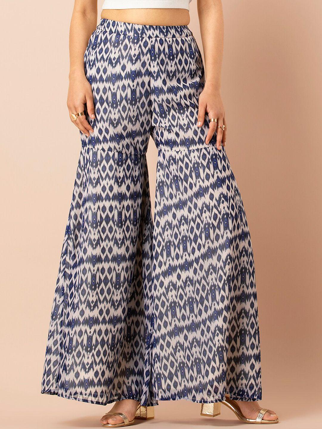 indya women blue & grey flared printed regular trousers