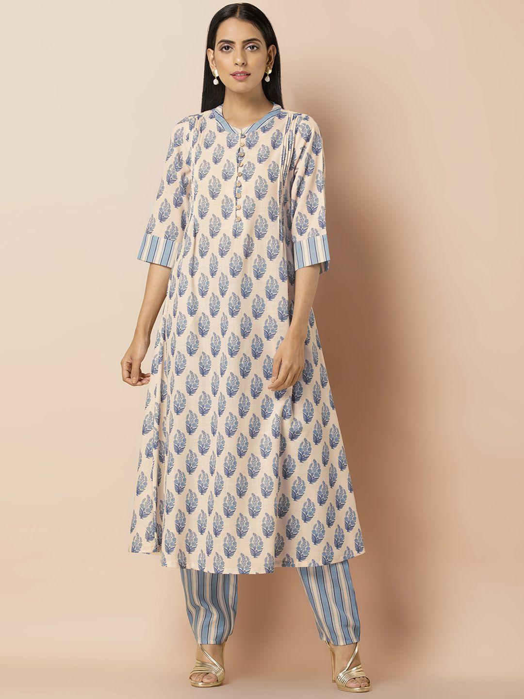 indya women blue & peach-coloured printed kurta