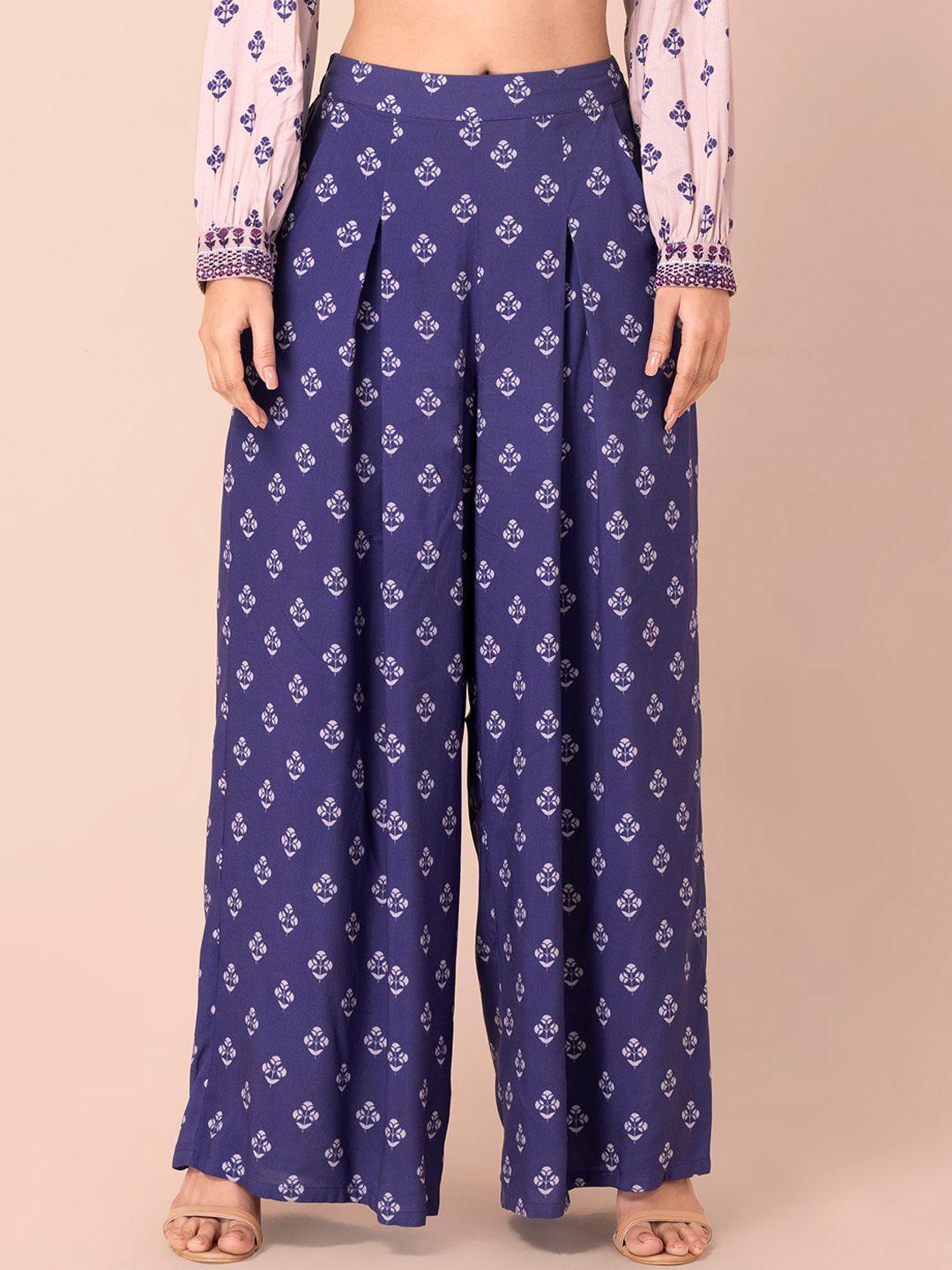 indya women blue & purple ethnic motifs printed flared pleated palazzo pants
