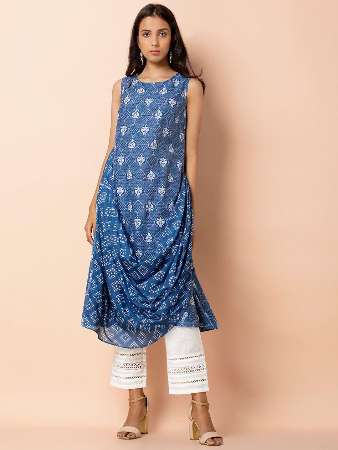 indya women blue & white printed a-line kurta