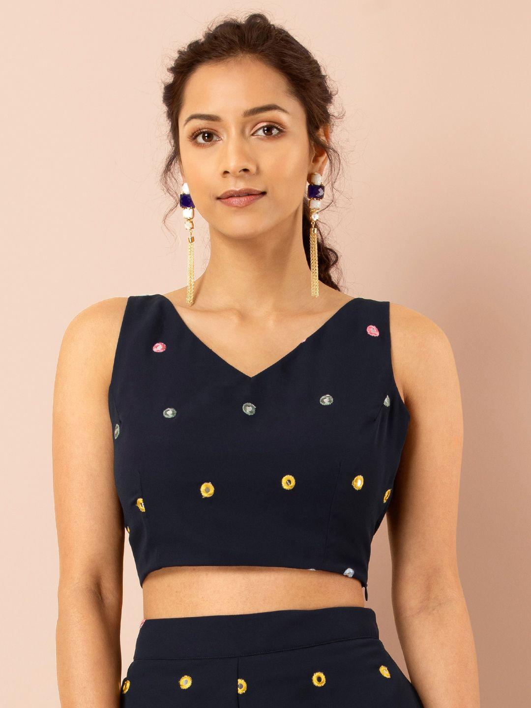 indya women blue embellished fitted ethnic crop top