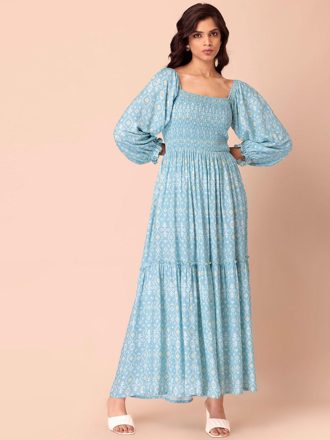 indya women blue geometric ruched maxi kurta