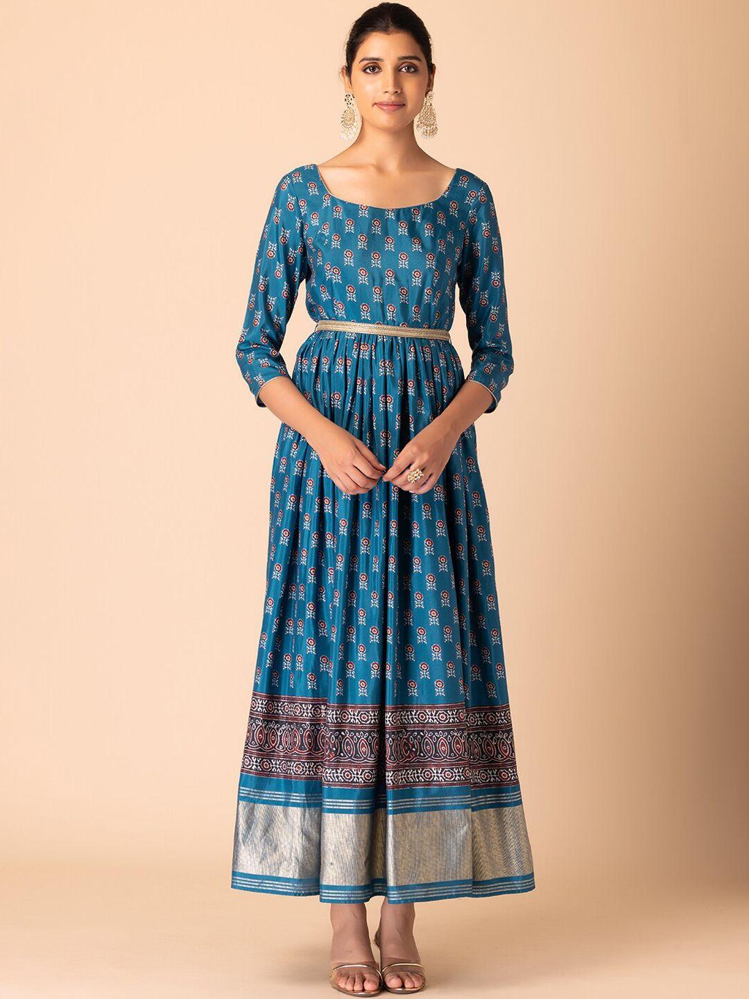 indya women blue paisley printed flared sleeves anarkali kurta with belt