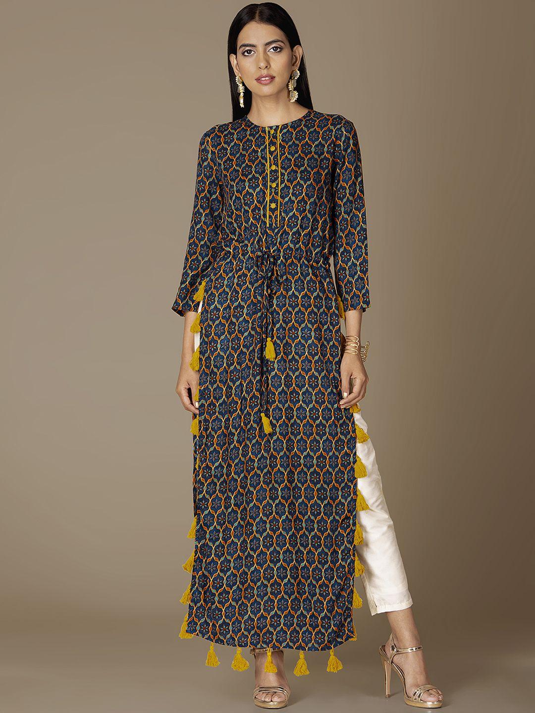 indya women blue printed straight kurta