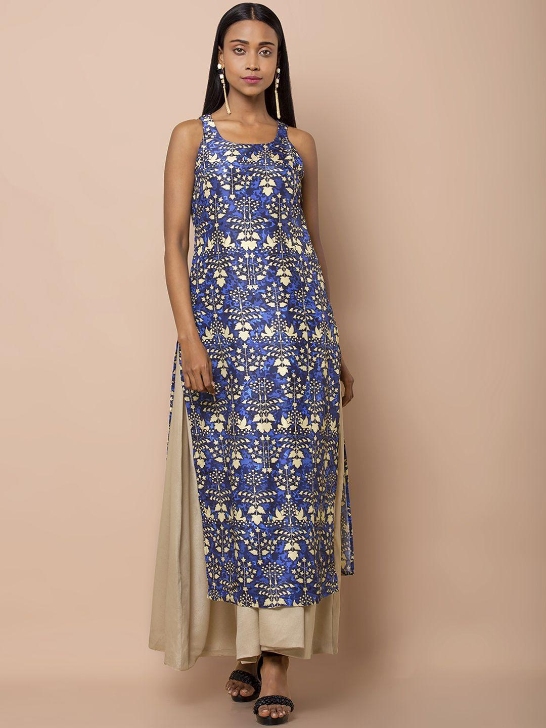 indya women blue printed straight kurta