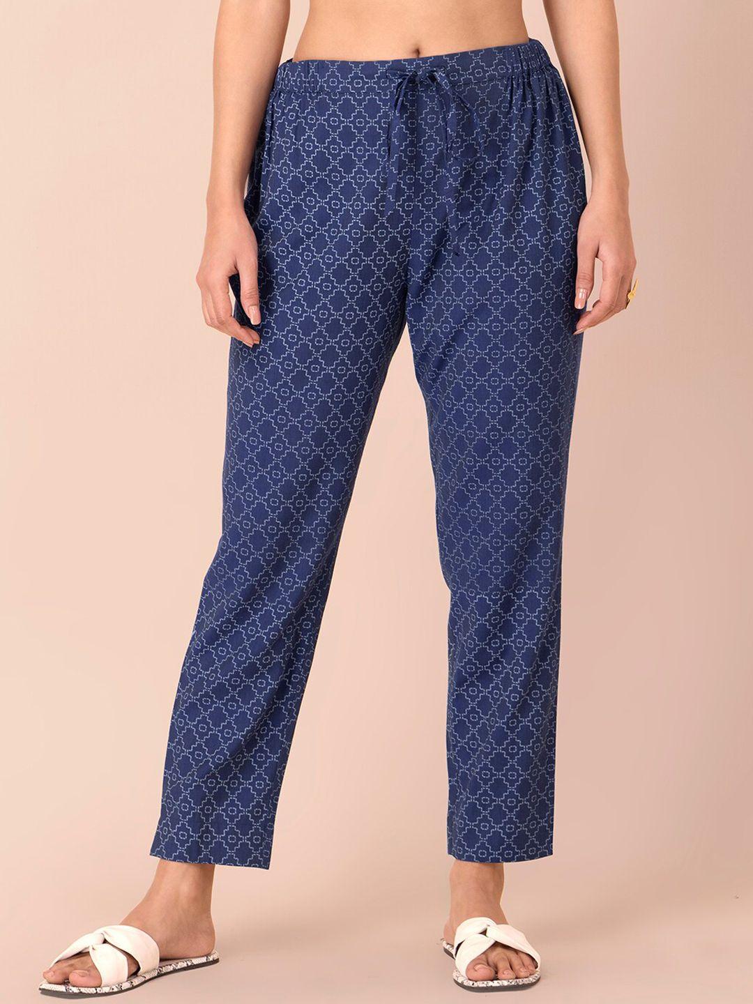 indya women blue printed trousers