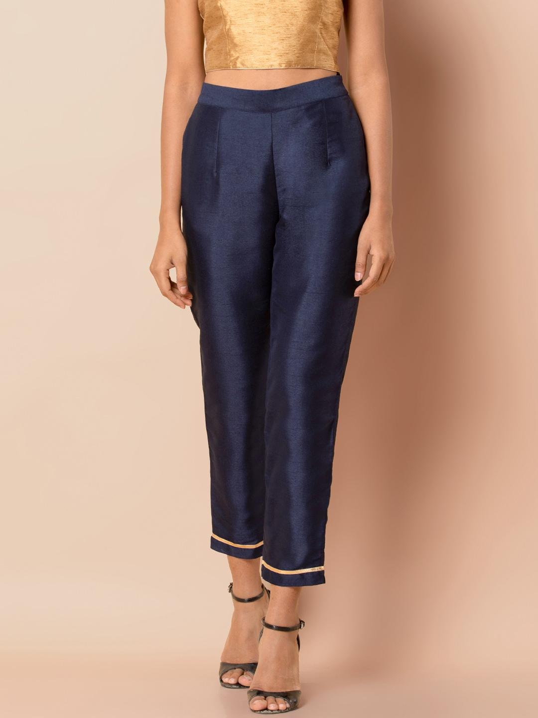 indya women blue tapered fit solid cigarette trousers