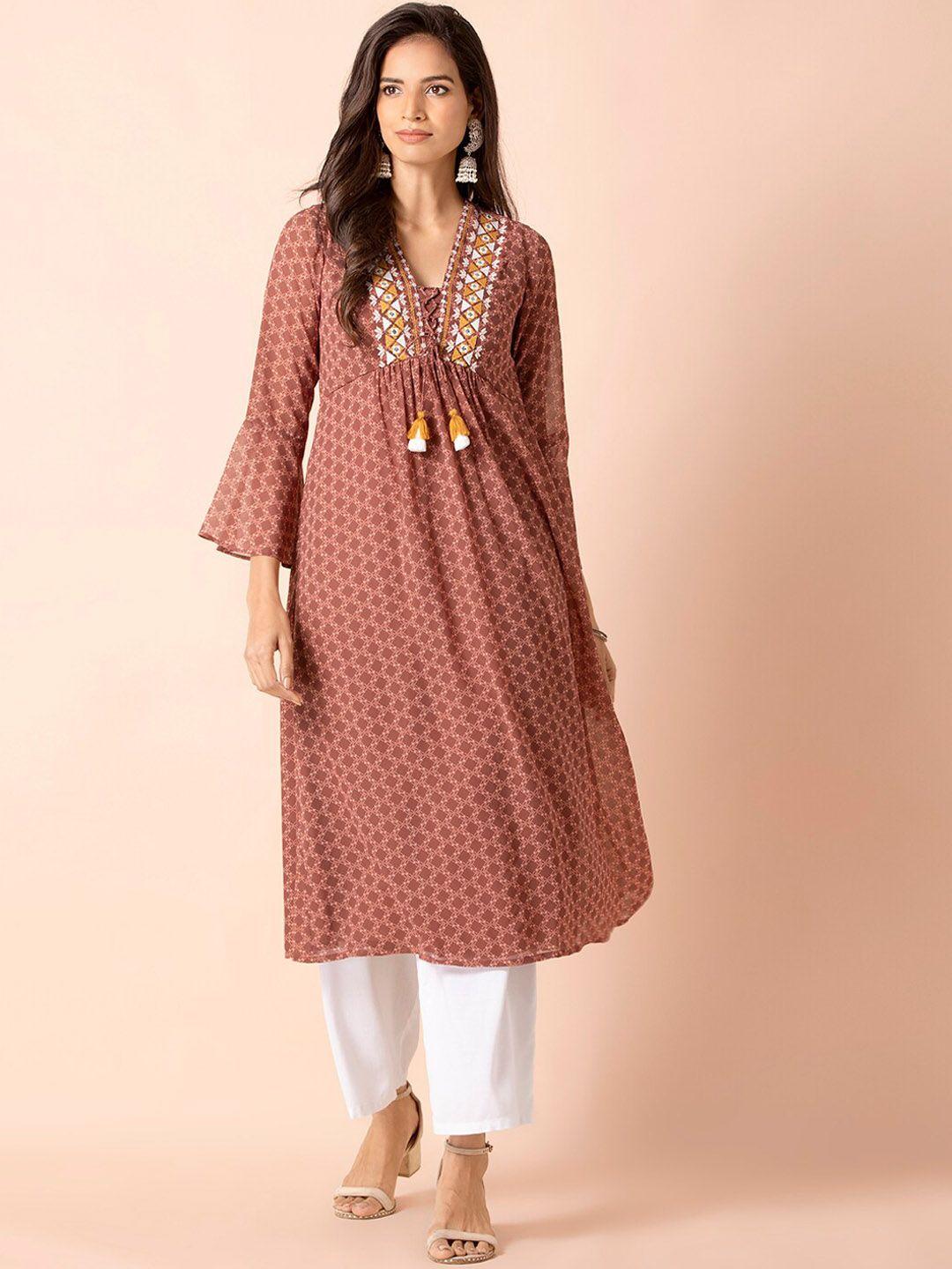 indya women brown printed flared sleeve a-line kurta with embroidery