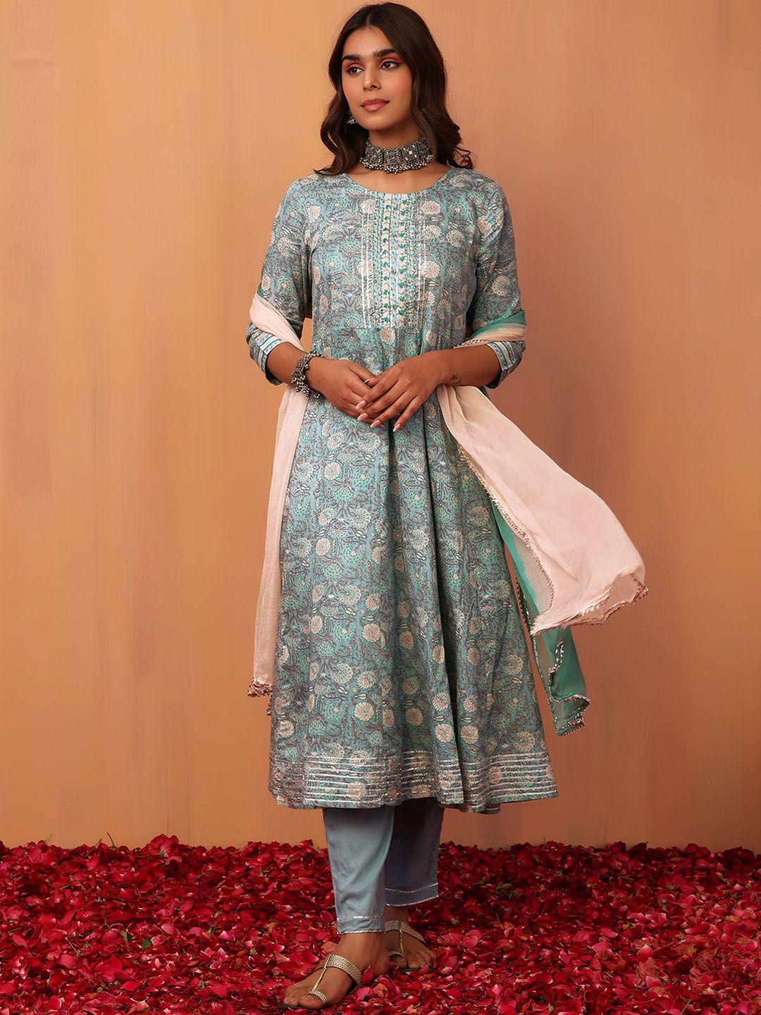 indya women ethnic motif printed anarkali cotton kurta with trouser & dupatta