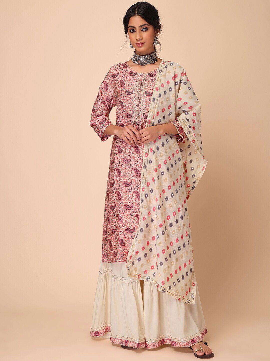 indya women ethnic motif printed pure cotton straight kurta with sharara & dupatta