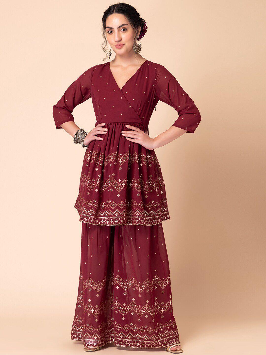 indya women ethnic motifs printed angrakha kurti with sharara