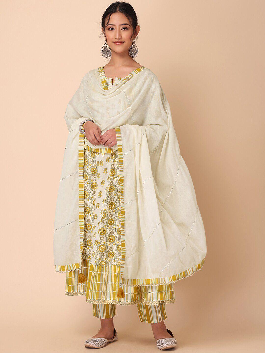 indya women ethnic motifs printed empire pure cotton kurta with trousers & dupatta