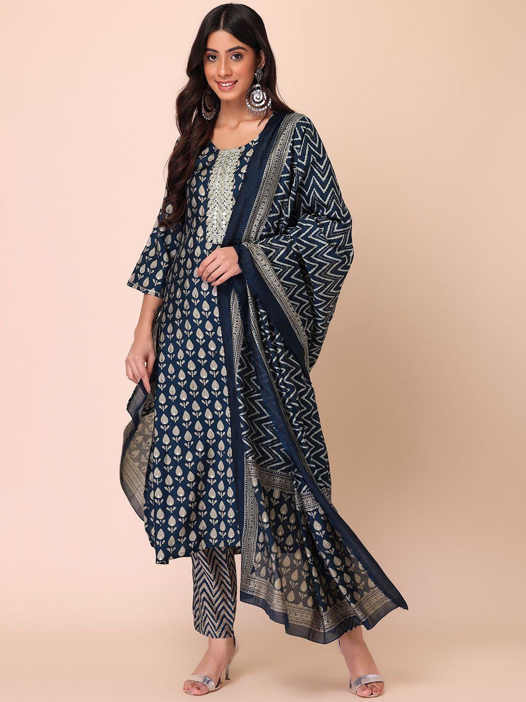 indya women ethnic motifs printed kurta with trousers