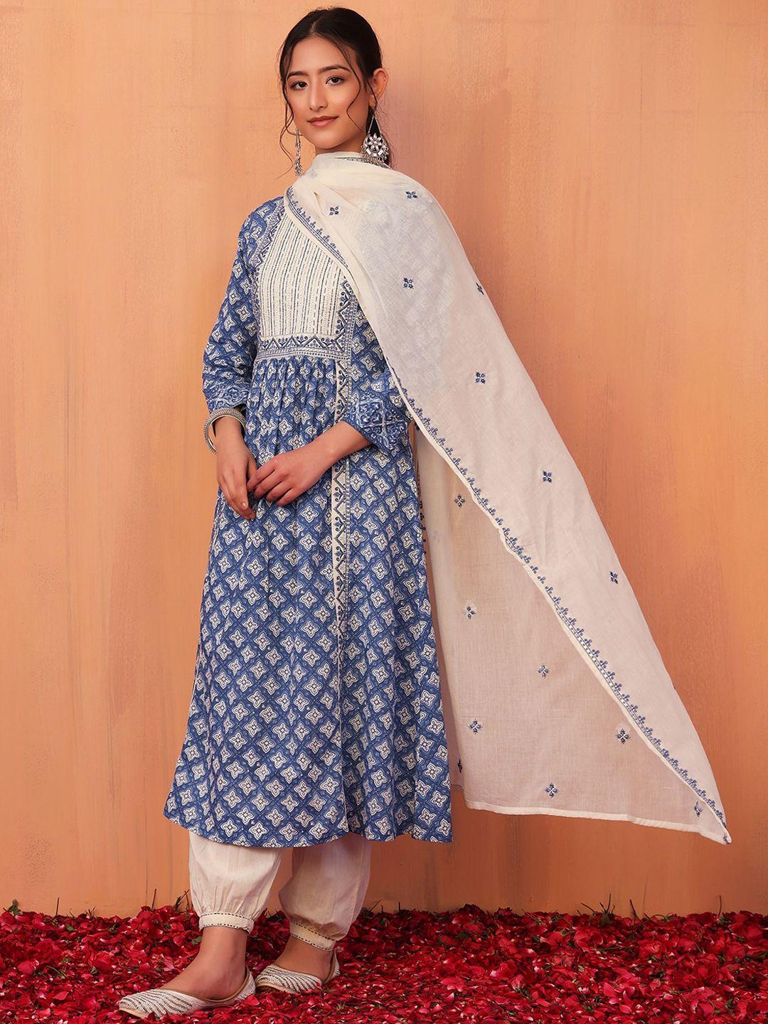 indya women ethnic motifs printed pure cotton a-line kurta with trouser & dupatta