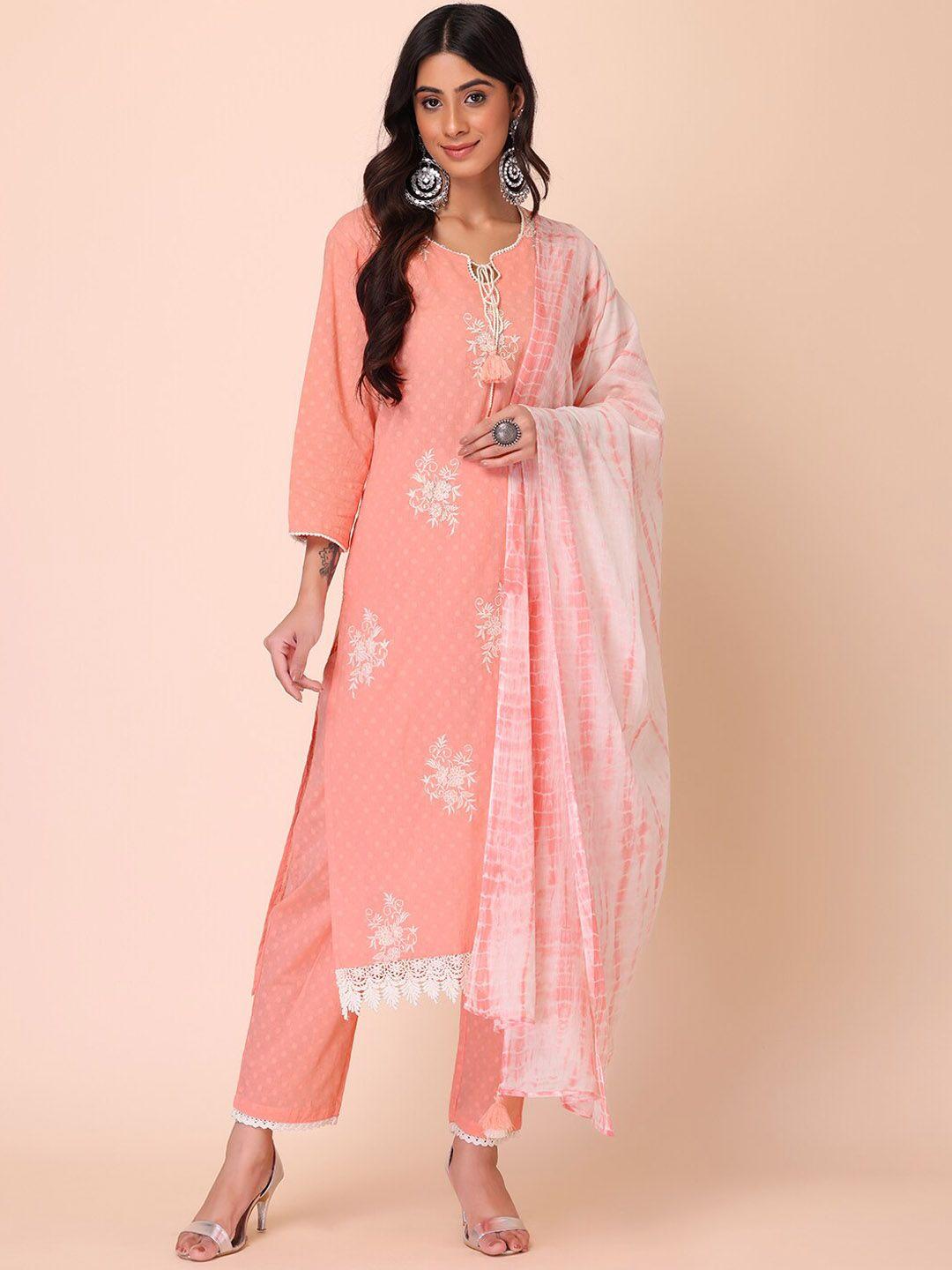 indya women floral embroidered pure cotton kurta with trousers & with dupatta