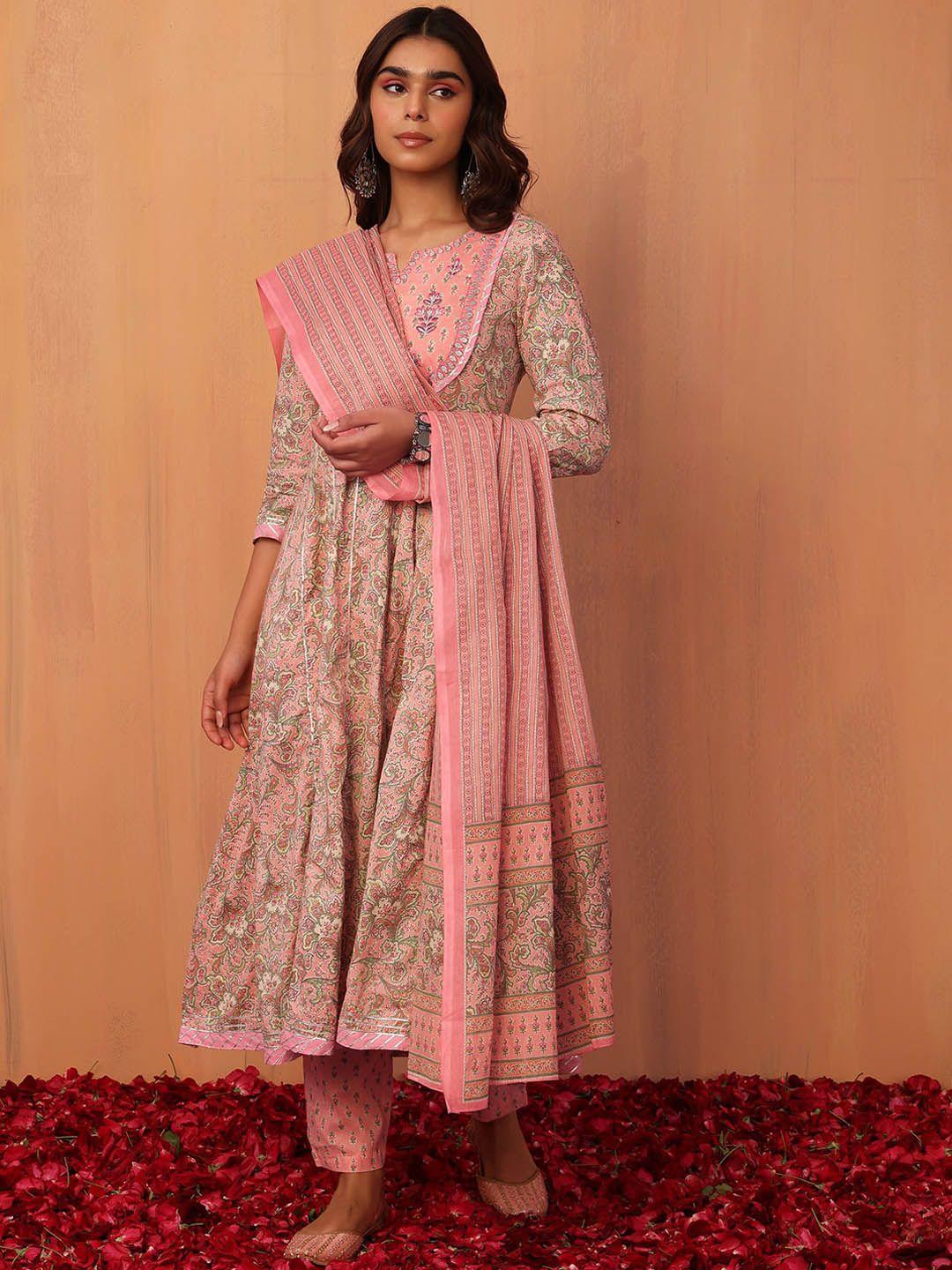 indya women floral jaal printed cotton anarkali kurta with trouser & dupatta set