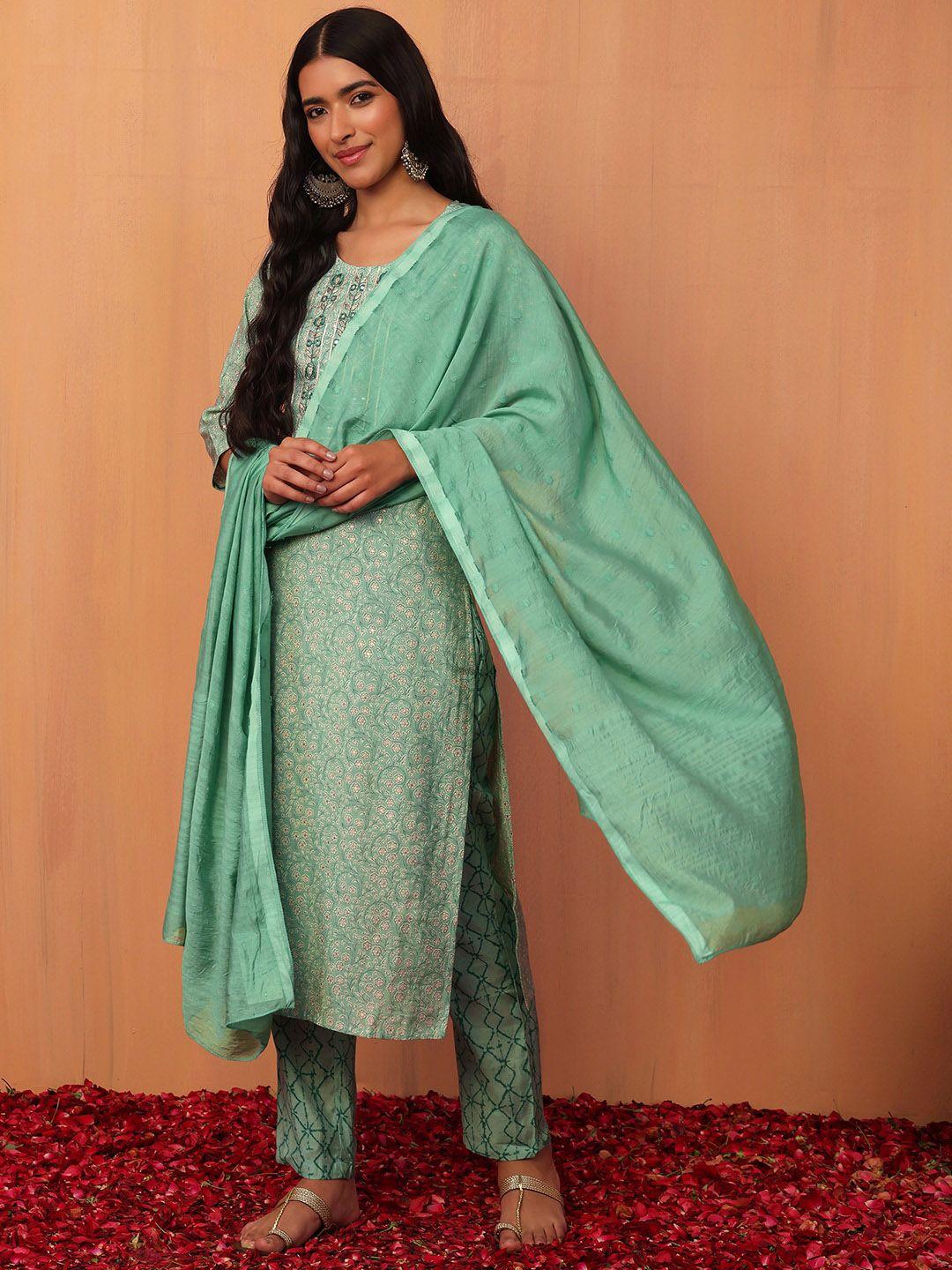 indya women floral-printed a-line kurta with trouser & dupatta
