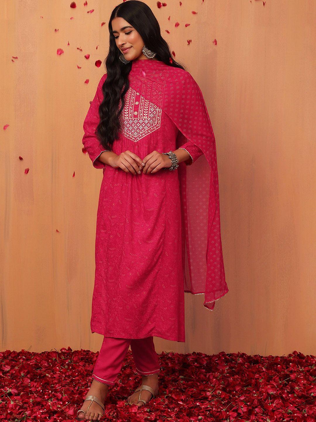 indya women floral printed foil print straight kurta with trouser & dupatta