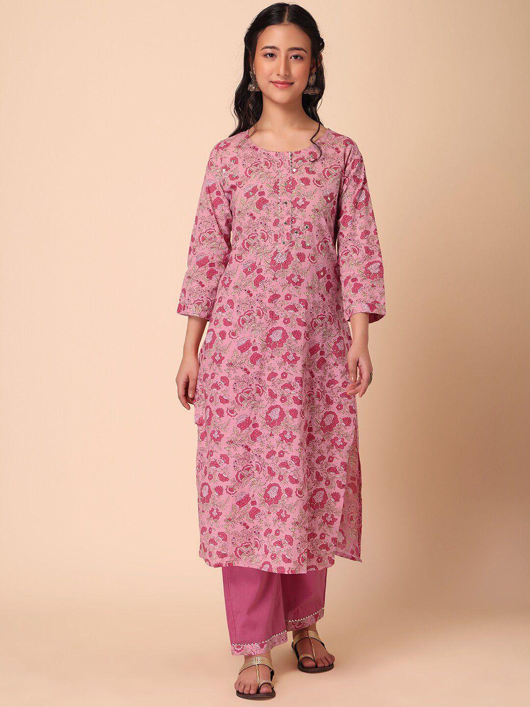 indya women floral printed gotta patti detail pure cotton kurta with trouser