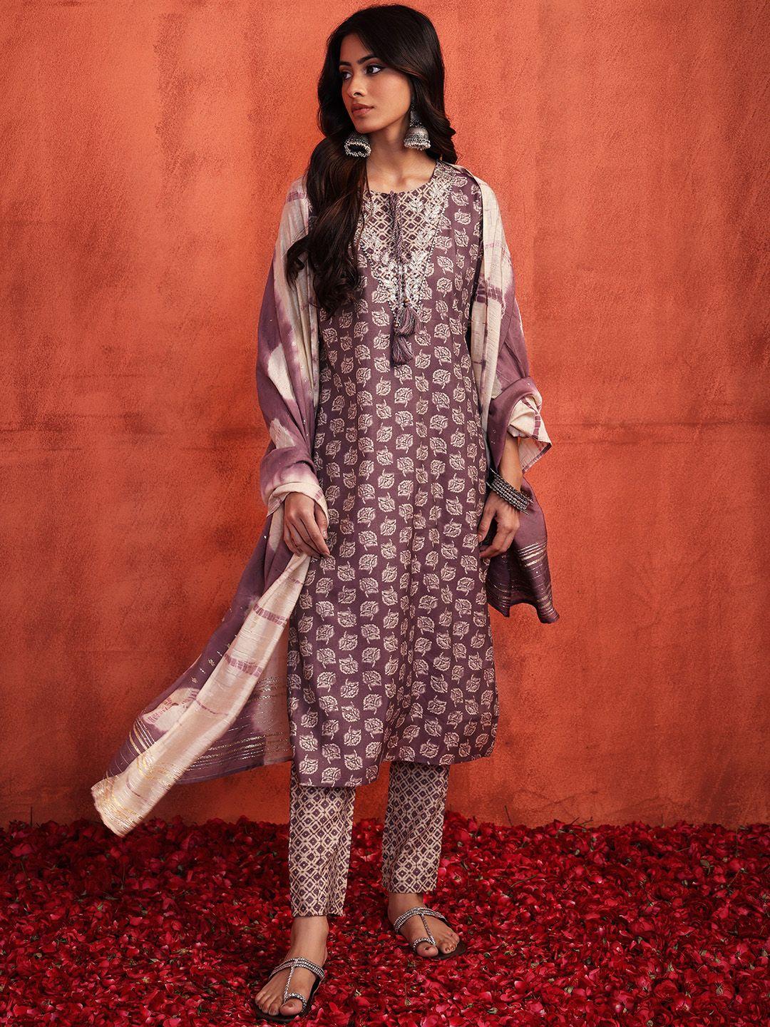 indya women floral printed kurta with trousers & dupatta