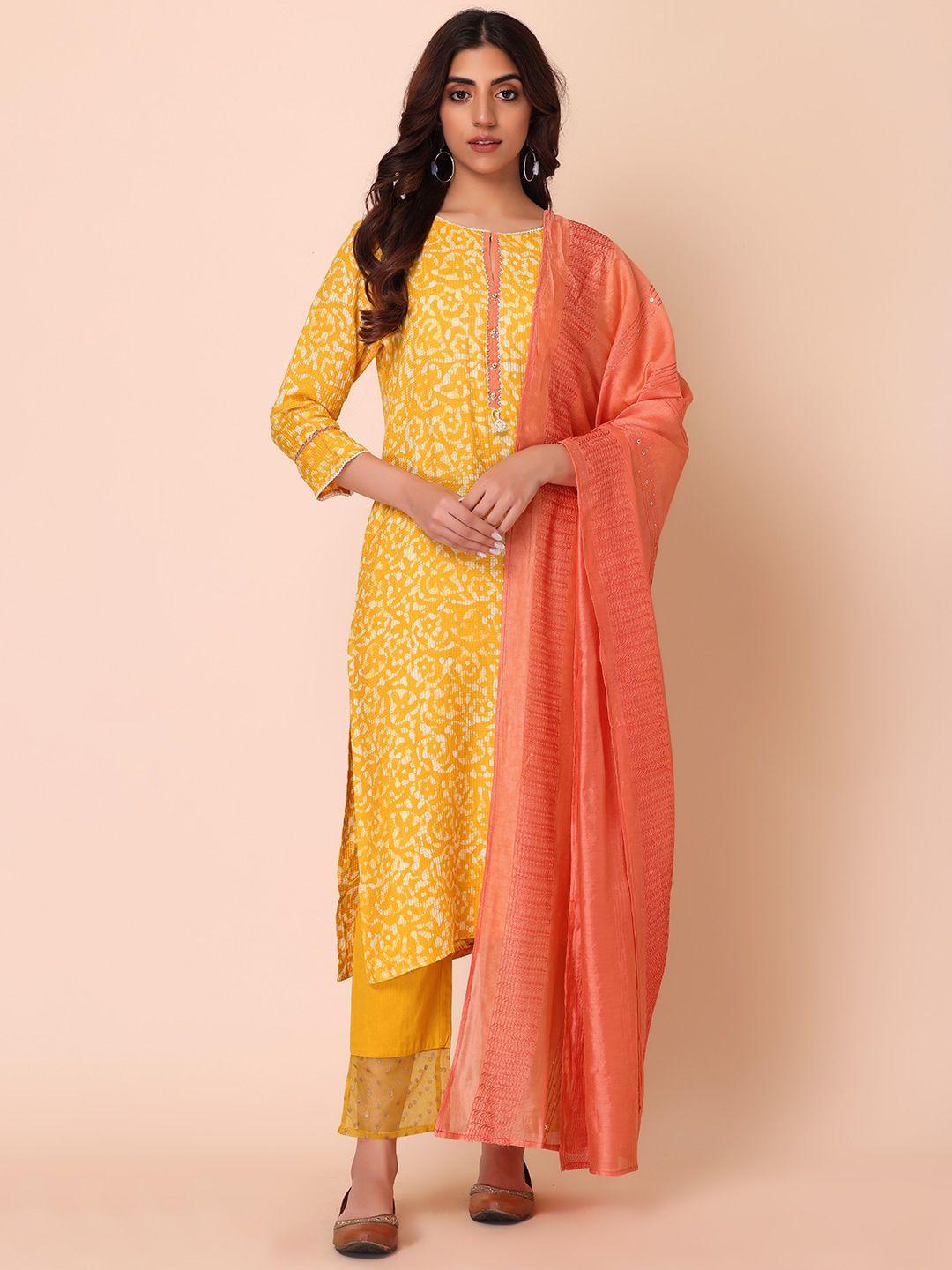 indya women floral printed kurta with trousers & with dupatta