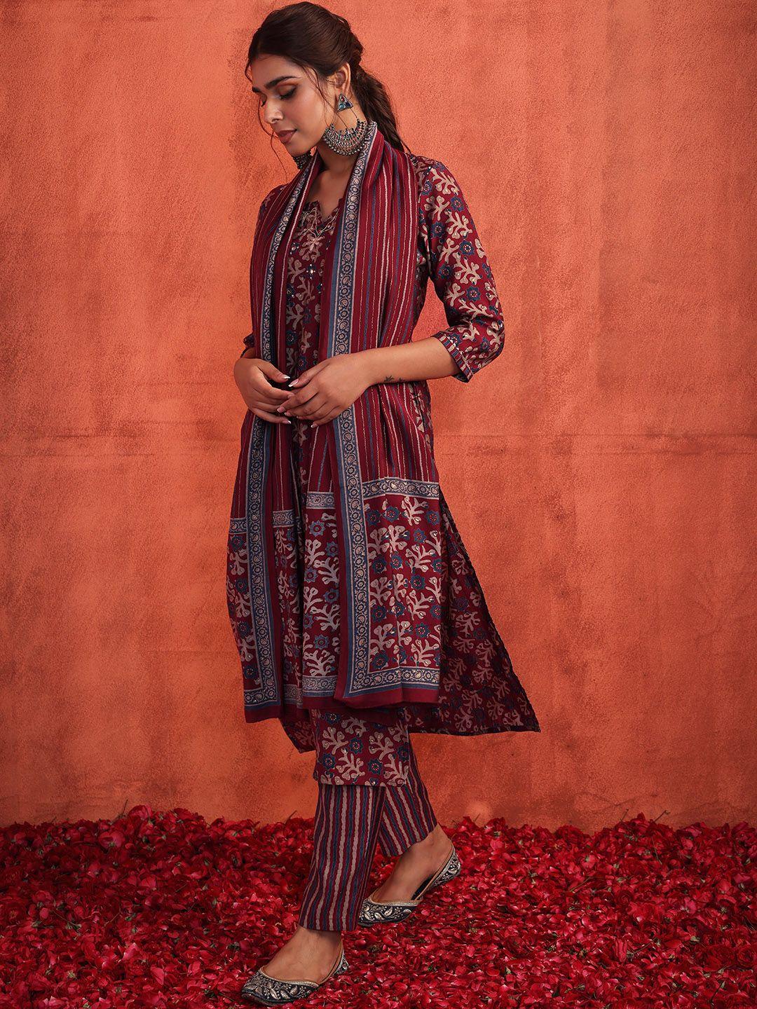 indya women floral printed mirror work kurta with trousers & with dupatta