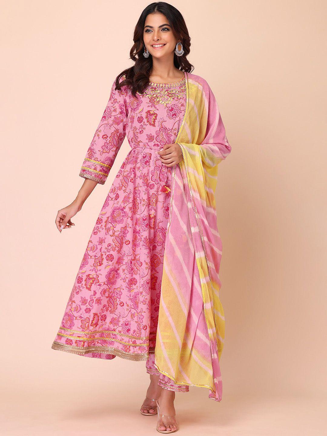 indya women floral printed mirror work pure cotton kurta with trousers & dupatta