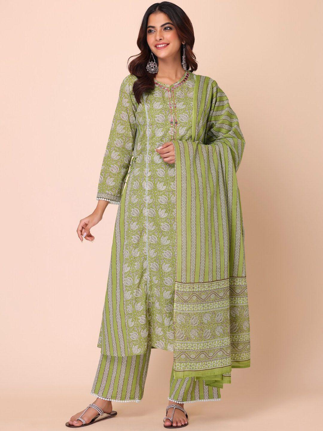 indya women floral printed mirror work pure cotton kurta with trousers & with dupatta