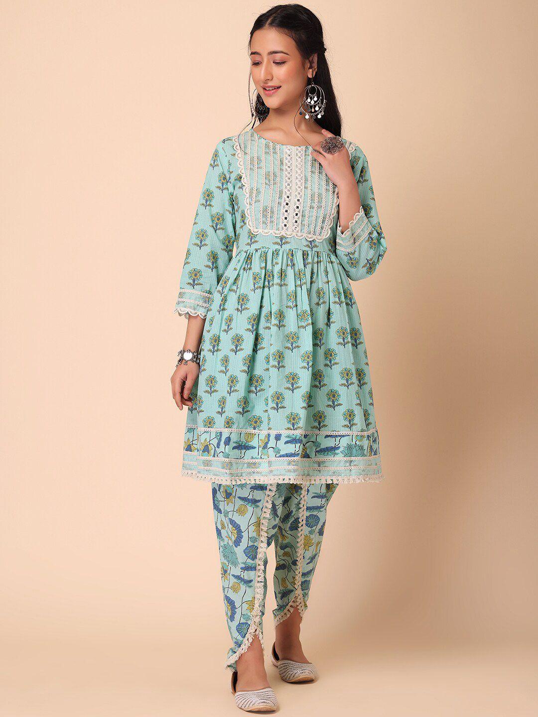 indya women floral printed pleated mirror work pure cotton kurta with dhoti pants