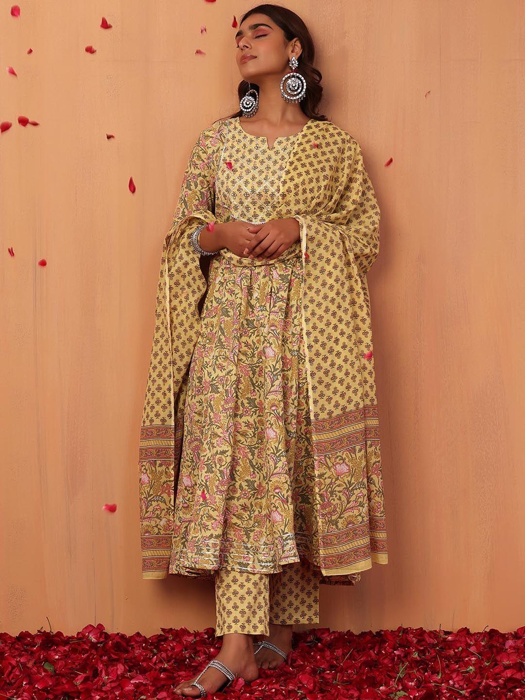indya women floral printed pure cotton anarkali kurta with trouser & dupatta