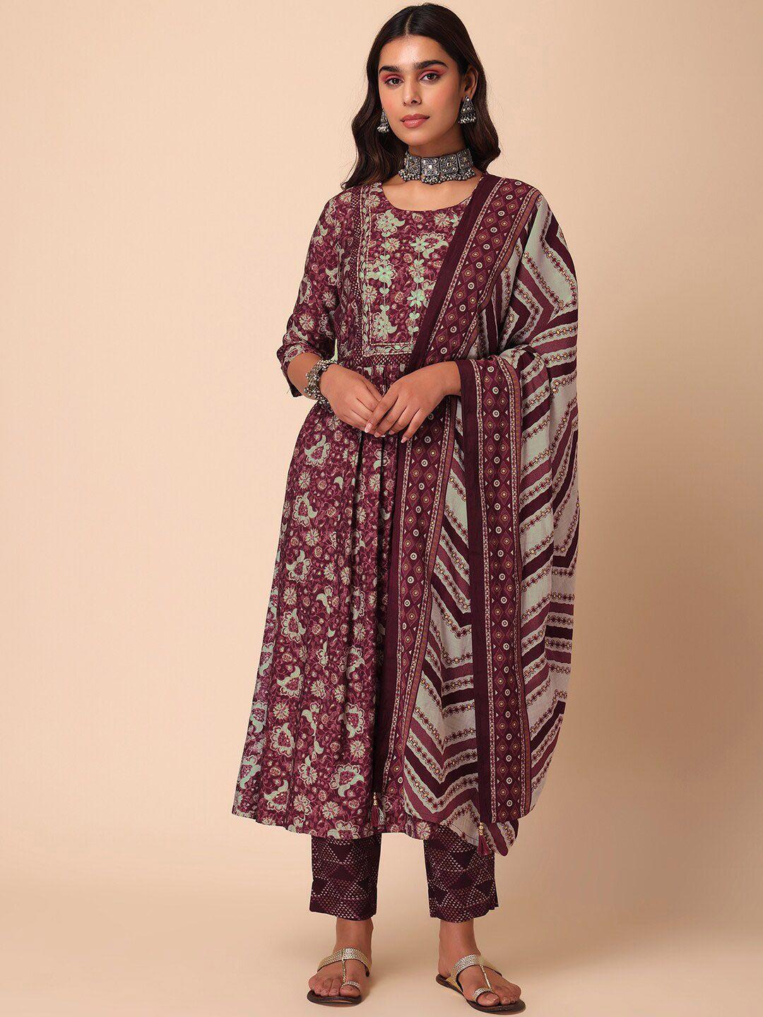 indya women floral printed pure cotton kurta with trousers & dupatta