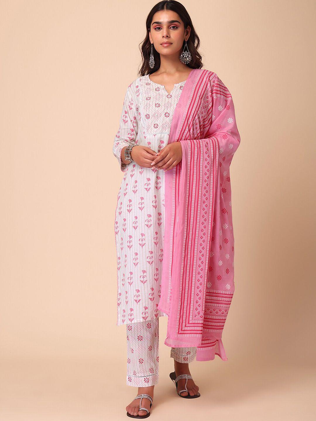 indya women floral printed pure cotton notch neck kurta with trouser & dupatta