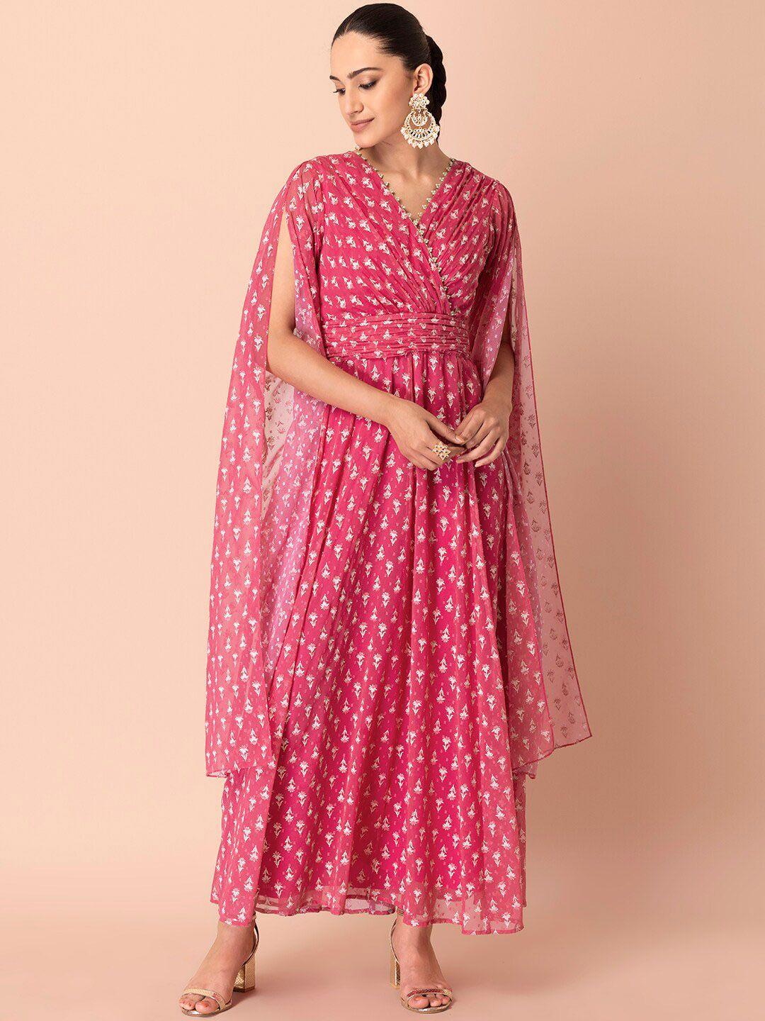 indya women georgette elongated sleeve maxi ethnic dress