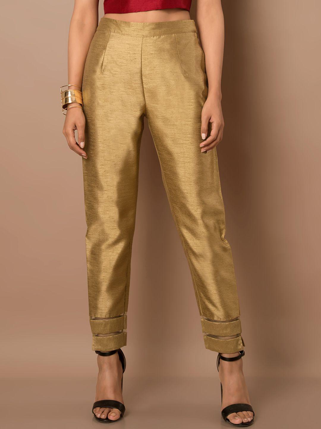 indya women gold-toned pencil slim fit solid cigarette trousers