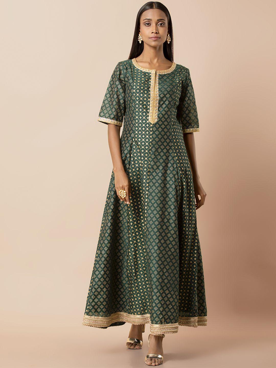 indya women green & gold-coloured chanderi printed maxi dress