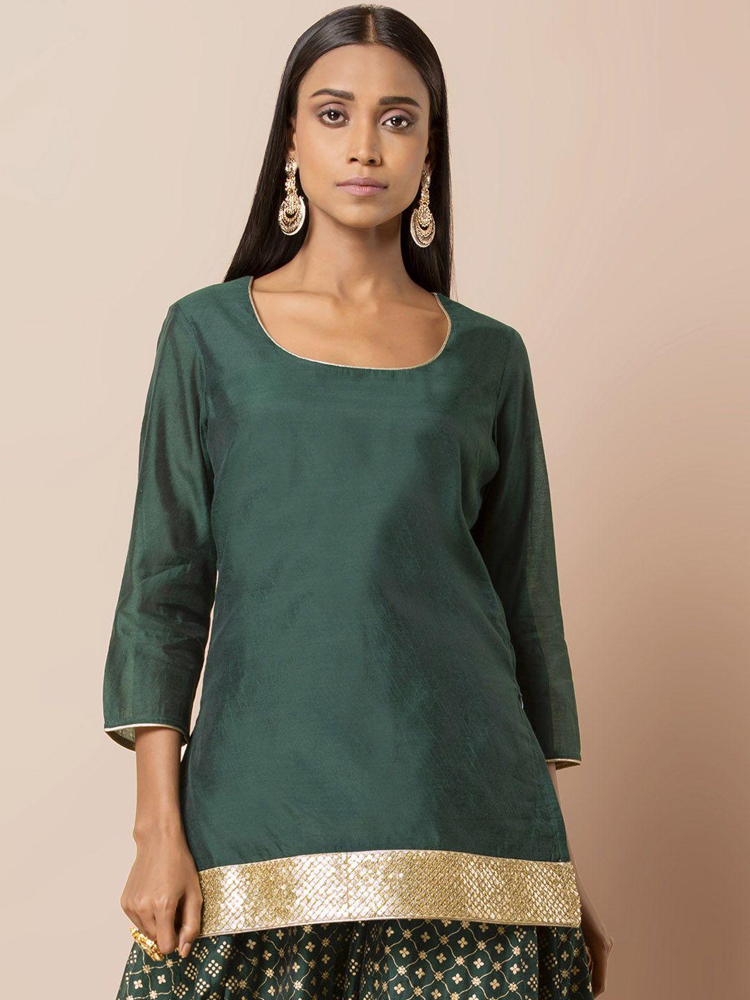 indya women green & golden chanderi solid kurti
