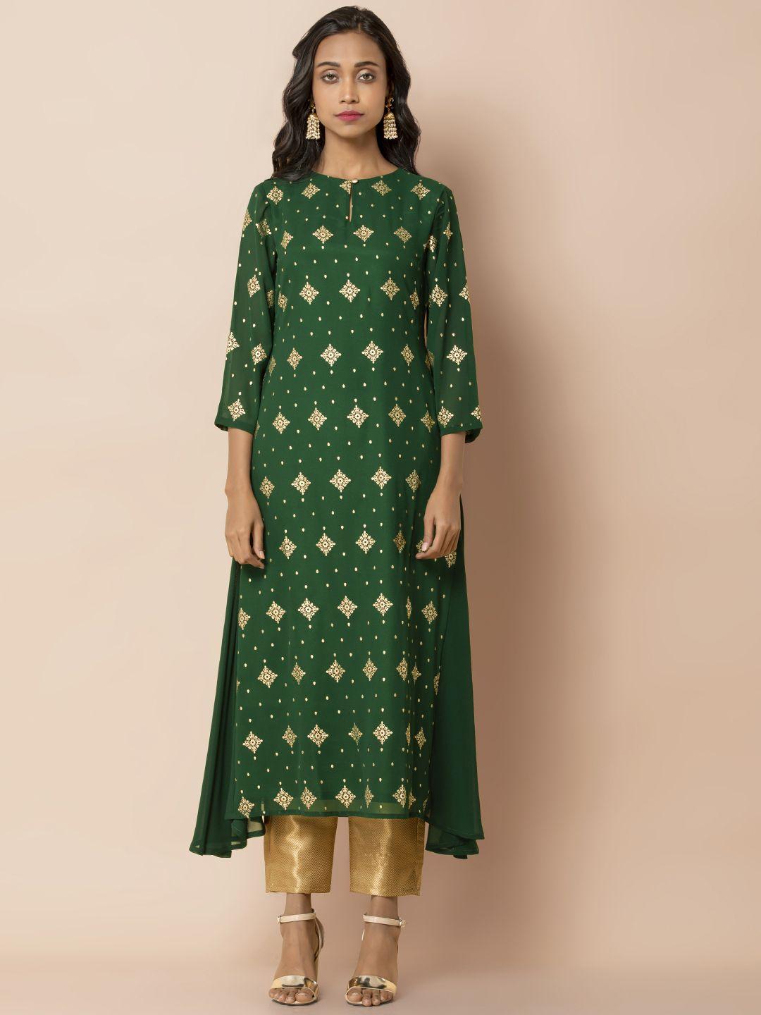 indya women green & golden printed a-line asymmetric kurta