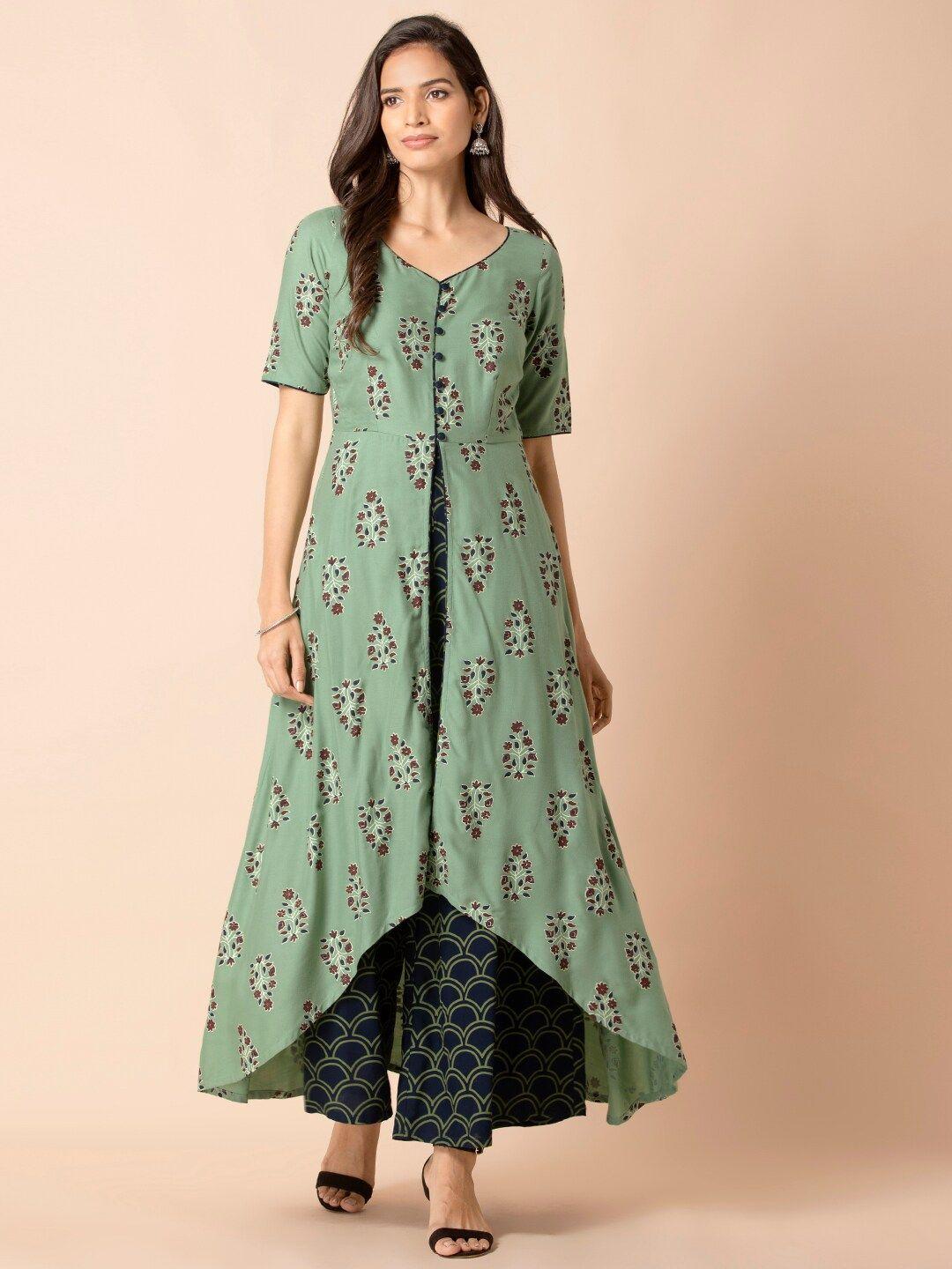 indya women green & navy blue floral printed jumpsuit